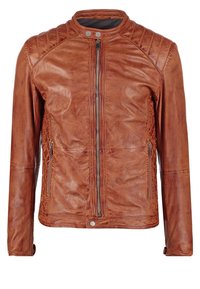 Braune Lederjacke mit Reißverschluss vorne, gerippten Schulterdetails, zwei seitlichen Reißverschlusstaschen und glatter Textur. Mit Stehkragen.
