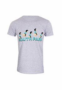 Šedé bavlněné tričko s karikaturou znázorňující více postav a textem "SOUTH PARK" níže v tyrkysové barvě. Krátké rukávy, kulatý výstřih.