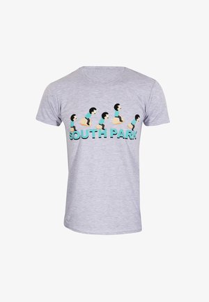 Šedé bavlněné tričko s karikaturou znázorňující více postav a textem "SOUTH PARK" níže v tyrkysové barvě. Krátké rukávy, kulatý výstřih.