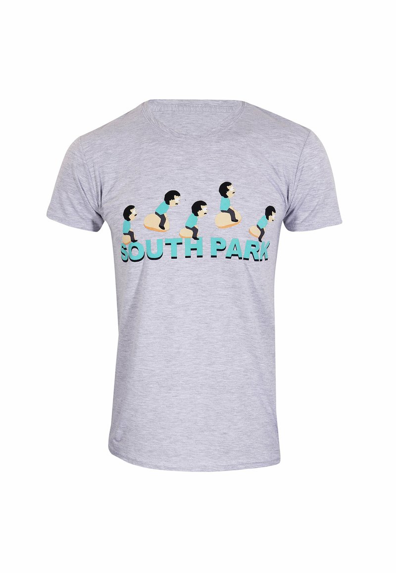 Šedé bavlněné tričko s karikaturou znázorňující více postav a textem "SOUTH PARK" níže v tyrkysové barvě. Krátké rukávy, kulatý výstřih.