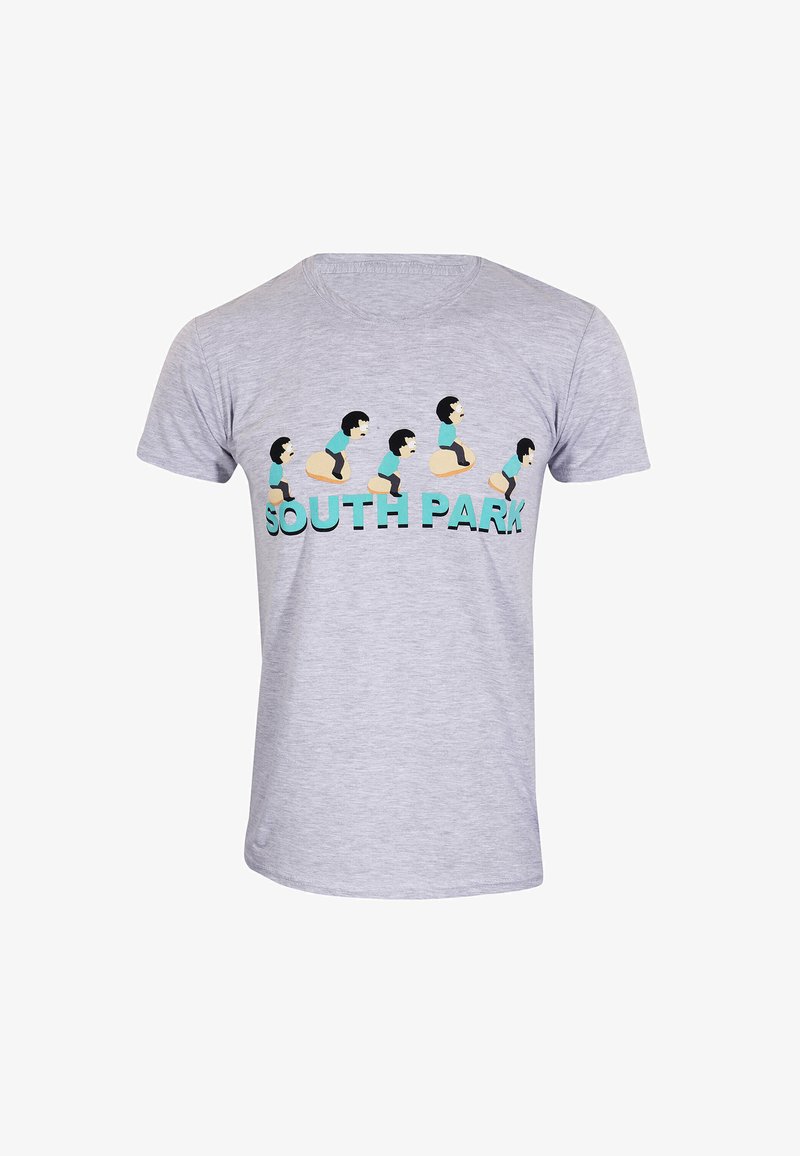 Šedé bavlněné tričko s karikaturou znázorňující více postav a textem "SOUTH PARK" níže v tyrkysové barvě. Krátké rukávy, kulatý výstřih.