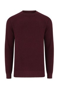 Burgundowy sweter z prążkowanej dzianiny, z długimi rękawami, okrągłym dekoltem i teksturowanym materiałem. Prosty, prosty krój bez wzorów i ozdób.