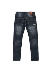 Donkere blauwe spijkerbroek met vervaagde plekken, vijf zakken en een bruin leren label op de achterste tailleband met de tekst "CARS."