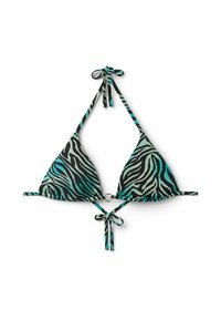 Top de bikini triangular en estampado de cebra verde, negro y azul. Cuenta con tirantes ajustables y un acento metálico circular en el centro delantero.