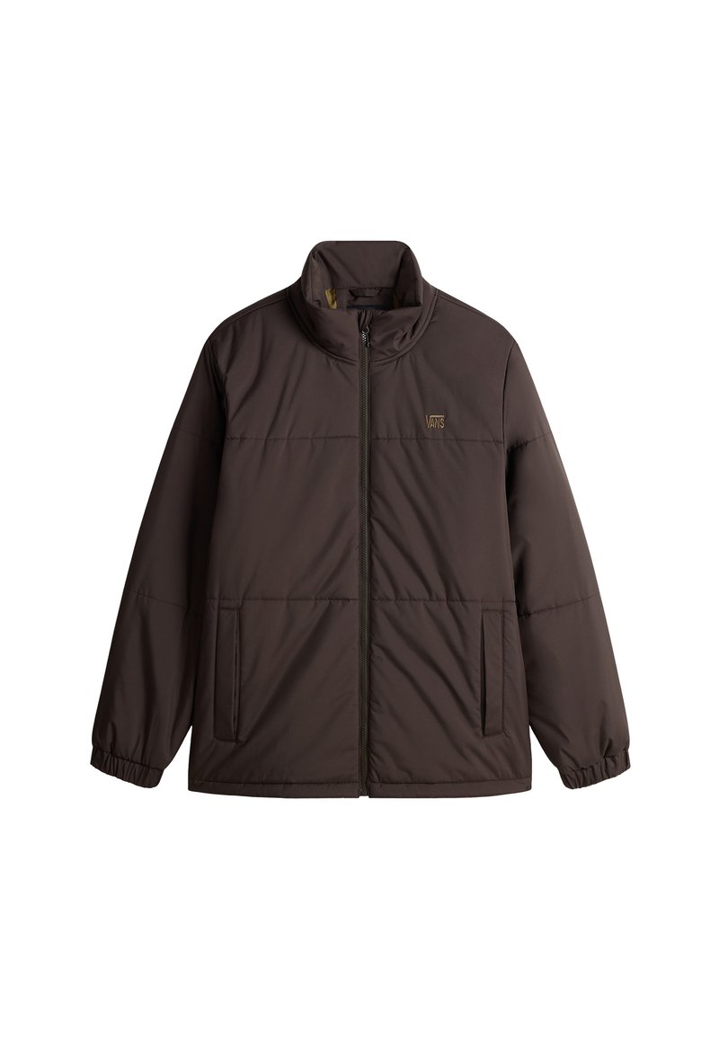 Chaqueta acolchada marrón con un cuello alto, cierre de cremallera, puños elásticos y bolsillos laterales. Presenta un logo discreto en el pecho.