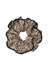 Fascia per capelli a stampa leopardata in tessuto beige e marrone, con un design arricciato e rifiniture nere, che offre una texture morbida e una presa sicura.