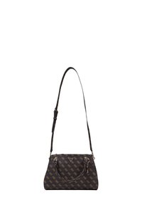 Sac à main noir à motifs avec quincaillerie dorée, présentant une forme structurée, des poignées doubles et une bandoulière ajustable.