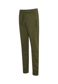 Olivgrüne Jogginghosen aus weichem Material, mit einem elastischen Bund und einem Kordelzug sowie einem auf der linken Seite aufgedruckten Logo.