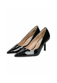 Décolleté in vernice nera con punta affusolata, tacco a stiletto sottile e rivestimento interno beige. Finitura liscia e lucida.