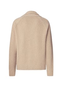 Beige gebreide trui met lange mouwen, ribgebreide manchetten en zoom, voorzien van een eenvoudige kraag en een effen achterkant.