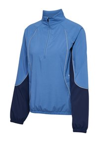 Lys blå trøje med halv-zip hals, marineblå ærmer, elastiske manchetter og grå pipingsyninger. Glat, tekstureret stof.