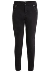 Pantalon noir slim avec deux poches diagonales zippées à l'avant et une fermeture double bouton à la taille