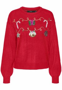 Maglione rosso a maglia con una vestibilità ampia. Presenta festivi motivi ricamati: bastoncini di zucchero, regali e decorazioni in paillettes brillanti.