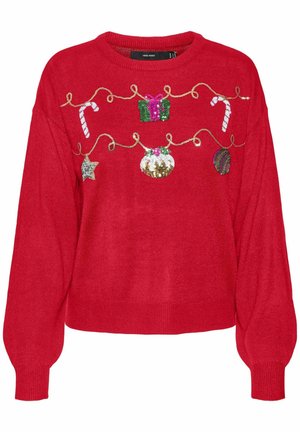 Pull en tricot rouge à la coupe ample. Présente des motifs festifs brodés : cannes en sucre, cadeaux et ornements en sequins scintillants.