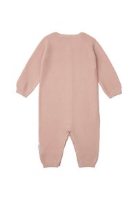 Różowy sweterkowy kombinezon z długimi rękawami, prążkowanymi mankietami i okrągłym dekoltem. Posiada metkę z boku, blisko dołu.