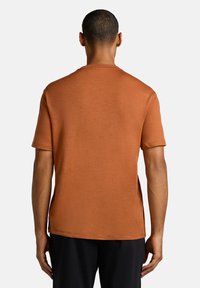 Kurzärmeliges T-Shirt mit Rundhalsausschnitt in Rostfarbe, mit glatter Textur. Einfaches Design, gerader Saum und entspannter Schnitt.