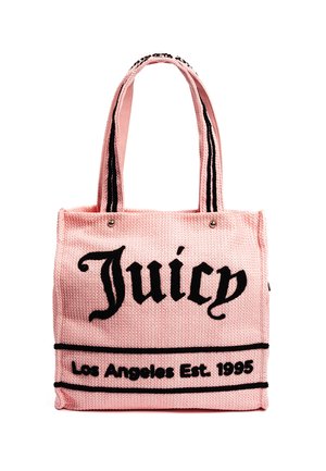 Geantă de cumpărături împletită roz, cu literă neagră. Are inscripțiile "Juicy" și "Los Angeles Est. 1995", dungi negre pe părțile laterale și mânere duble.