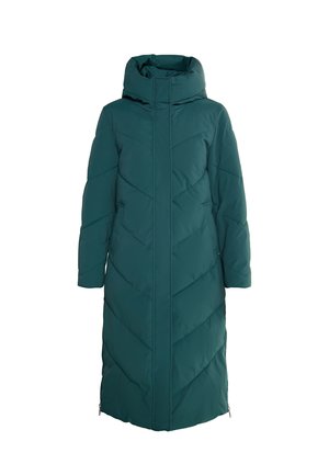 Manteau en duvet long teal avec un col haut, un motif de couture en chevrons et des zips sur les côtés. Présente une texture lisse et mate.