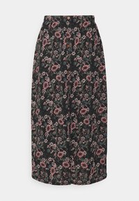 Saia midi floral em tecido escuro com padrões de flores em rosa e verde, cintura alta e botões castanhos na parte da frente.