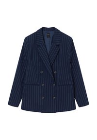 Blazer doppiopetto blu navy con righe verticali bianche, rever a punte, due tasche frontali e bottoni neri. Tessuto con una consistenza liscia.