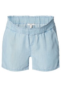Light blue elastic-waist denim shorts with gathered waistband and front stitching, labeled Esprit, displayed against a white background.