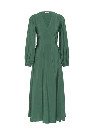 Abito avvolgente verde a maniche lunghe con scollo a V e polsini arricciati, di lunghezza midi, realizzato in tessuto liscio e leggermente lucido.