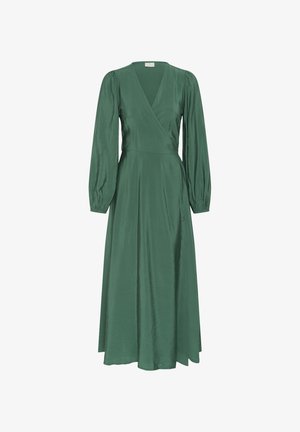 Abito avvolgente verde a maniche lunghe con scollo a V e polsini arricciati, di lunghezza midi, realizzato in tessuto liscio e leggermente lucido.