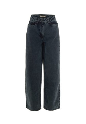 Bredde ben sorte denimjeans med høj talje, der har almindelige lommer og knaplukning. Stofmaterialet har en let tekstureret overflade.
