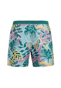 Zwemshorts gemaakt van lichtgewicht stof, met een tropisch bladpatroon in groen, geel en paars op een lichtblauwe achtergrond. Elastische tailleband.