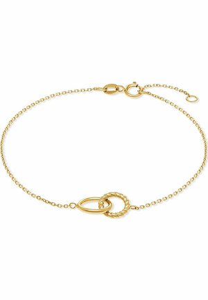Gouden kettingarmband met onderling verbonden ringen; de ene glad, de andere gedraaid. Delikaat ontwerp met een karabijnsluiting en verstelbare lengte.