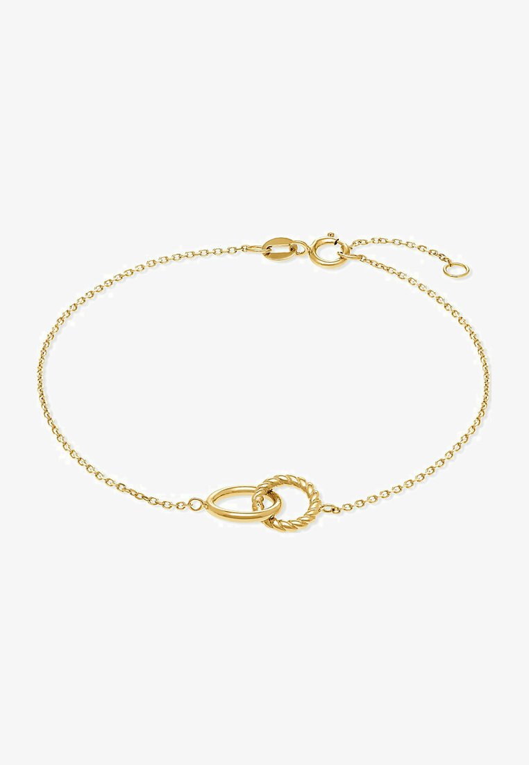 Goldfarbenes Armband mit interlocking Ringen; einer glatt, einer gedreht. Zartes Design mit einem Karabinerverschluss und verstellbarer Länge.