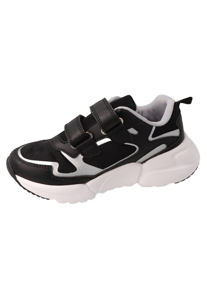 Czarno-białe trampki wykonane z materiału syntetycznego. Posiadają regulowane paski na rzepy, siateczkowe wykończenie oraz grubą, teksturowaną podeszwę.