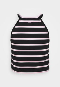 Czarny i różowy top na ramiączkach w paski z wysokim dekoltem i wycięciem na plecach, z logo z przodu. Gładka tekstura materiału.