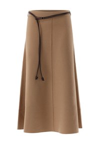 Brauner Wollrock mit ausgestellter Form, ausgestattet mit einem kontrastierenden braunen Kordelzug und minimalen Nähten. Glatte Textur über die gesamte Fläche.