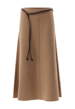 Brauner Wollrock mit ausgestellter Form, ausgestattet mit einem kontrastierenden braunen Kordelzug und minimalen Nähten. Glatte Textur über die gesamte Fläche.
