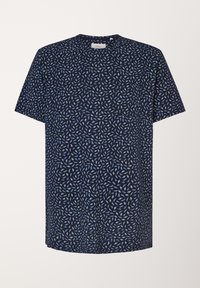 Short-sleeve navy shirt featuring a floral pattern in light blue and white. Smooth fabric with a crew neckline and relaxed fit.