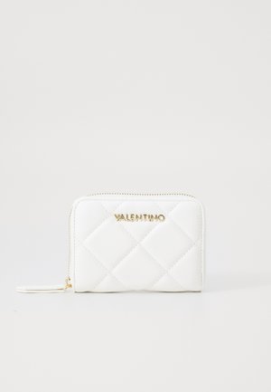 White quilted Valentino wallet with a gold zipper and logo centered on the front, set against a plain white background.