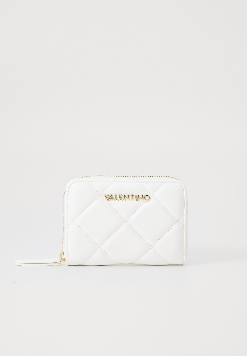 White quilted Valentino wallet with a gold zipper and logo centered on the front, set against a plain white background.