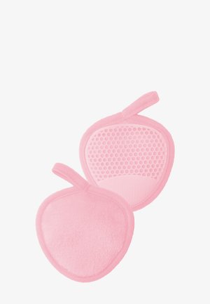 Almohadillas de limpieza ovaladas rosas con una textura suave y esponjosa en un lado y un patrón de panal texturizado en el otro lado. Incluye un lazo para colgar.