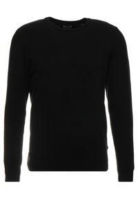 Pull noir à col rond fabriqué à partir d'un tissu en maille douce. Il possède des manches longues et des bords côtes pour un look ajusté.