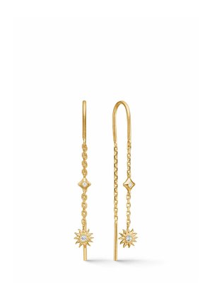 Cercei delicati tip șnur din lanț aurit, cu pandantive în formă de soare și pietre mici transparente pe un fundal alb.