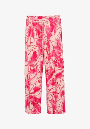 Kwiatowe spodnie z plisami w jasnoróżowym kolorze z wyrazistymi wzorami czerwonych i różowych kwiatów. Posiadają elastyczny pas z sznurkiem do regulacji.