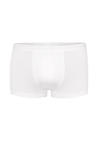 White boxer shorts, made from a smooth fabric, featuring a snug fit, elastic waistband with subtle branding, and no visible patterns or accents.