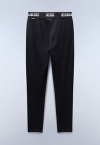 Leggings noirs avec une texture lisse, dotés d'une taille contrastante portant la marque "NAPAPIJRI" en blanc. Design ajusté.