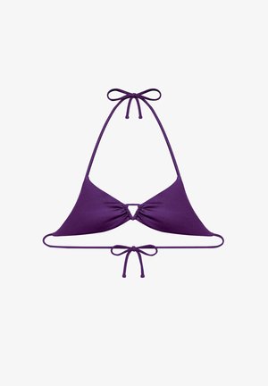 Haut de bikini violet en forme triangulaire. Fabriqué en tissu lisse, il possède des liens à nouer autour du cou et du dos, ainsi qu'un petit détail découpé au centre.