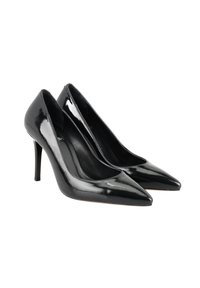 Escarpins en cuir verni noir avec un bout pointu et une fine talon aiguille. Finition lisse, design épuré et sans embellissements visibles.