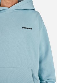Svetlomodrá mikina s kapucňou z jemného materiálu, s predným vreckom a vyšitým čiernym logom "PEGADOR" na hrudníkovej časti.