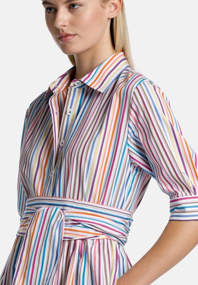 Striped shirt dress in cotton, featuring multicolored vertical stripes, a button-down collar, and a matching fabric belt at the waist.