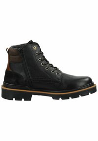 Botas negras de cuero de caña alta con acabado texturizado, acentos marrones contrastantes, cordones frontales, cremallera lateral y suela de goma resistente.
