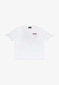 White cotton t-shirt featuring a red rectangular logo on the left chest area. Short sleeves and a crew neckline. Relaxed fit.